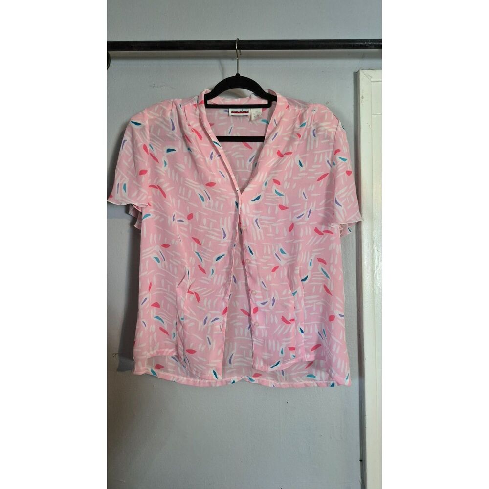 Vintage Judy Bond Button Up Size 16 Pink Patterned with Shoulder Pads